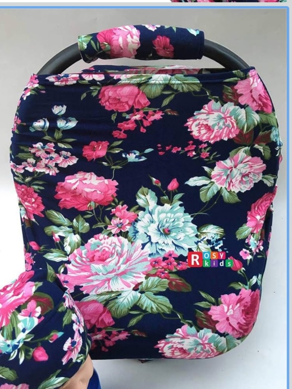 5 in 1 Rosy Kids Nursing & car seat cover, Dark blue with pink&blue roses